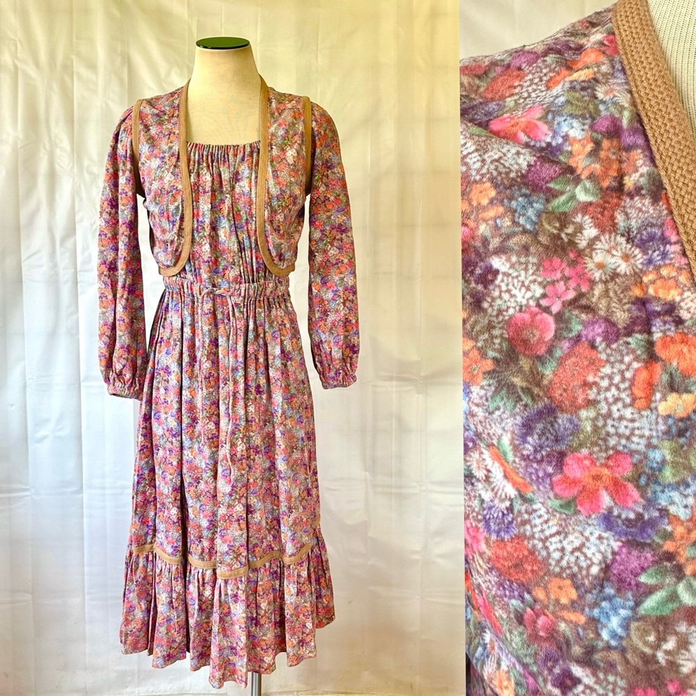 Vintage 1970s Floral Dress with Vest 34 36 38 Bust Medium Peasant Look